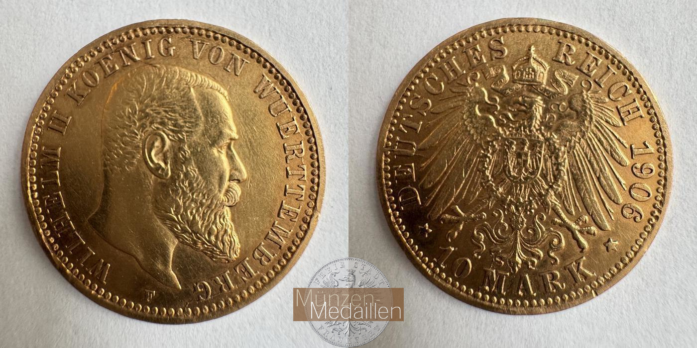 Dt. Kaiserreich Württemberg, Wilhelm II MM-Frankfurt KM#633 Feingold: 3,58g 10 Mark (1893-1913) 1906 F 