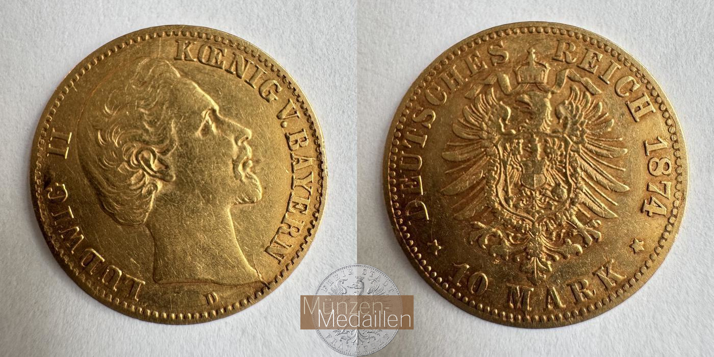 Bayern, Kaiserreich  10 Mark MM-Frankfurt KM#898 Feingold: 3,58g Ludwig II 1874 D 