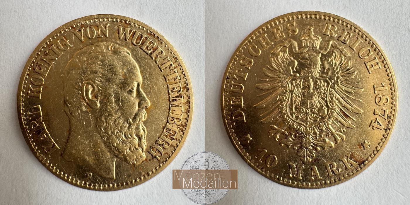 Deutsches Kaiserreich. Württemberg MM-Frankfurt KM#624 Feingold: 3,58g Karl I. 10 Mark 1874 F 