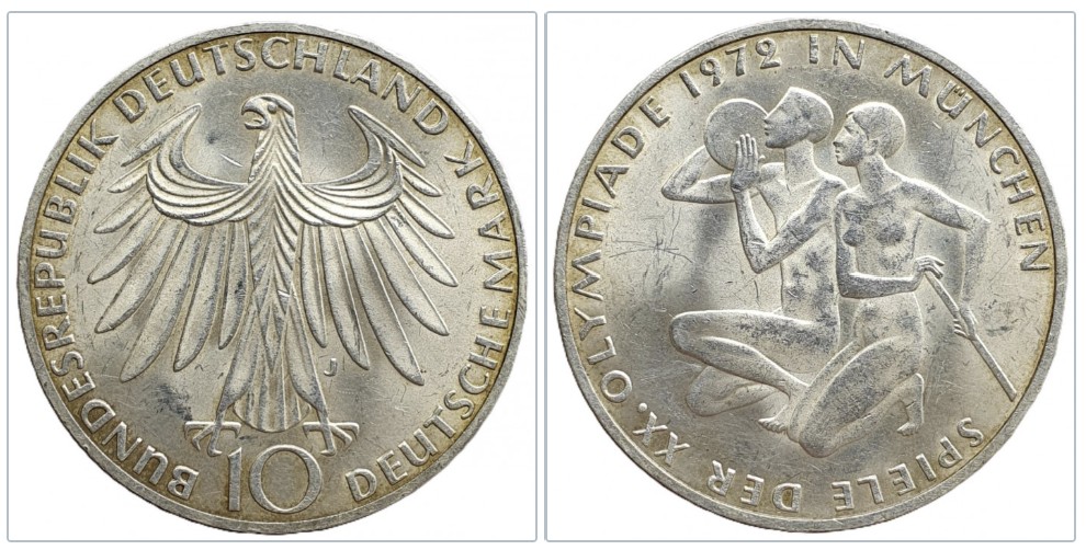  Deutschland 10 Mark, 1972 J XX. Olympische Sommerspiele, München Athleten Silber 9,69g fein   