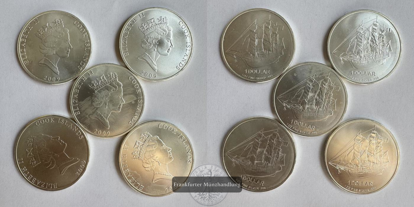  LOT: Cookinseln 5x 1 Dollar Elizabeth II (Bounty) 2009 FM-Frankfurt KM#1473 Feinsilber: 155,5g   