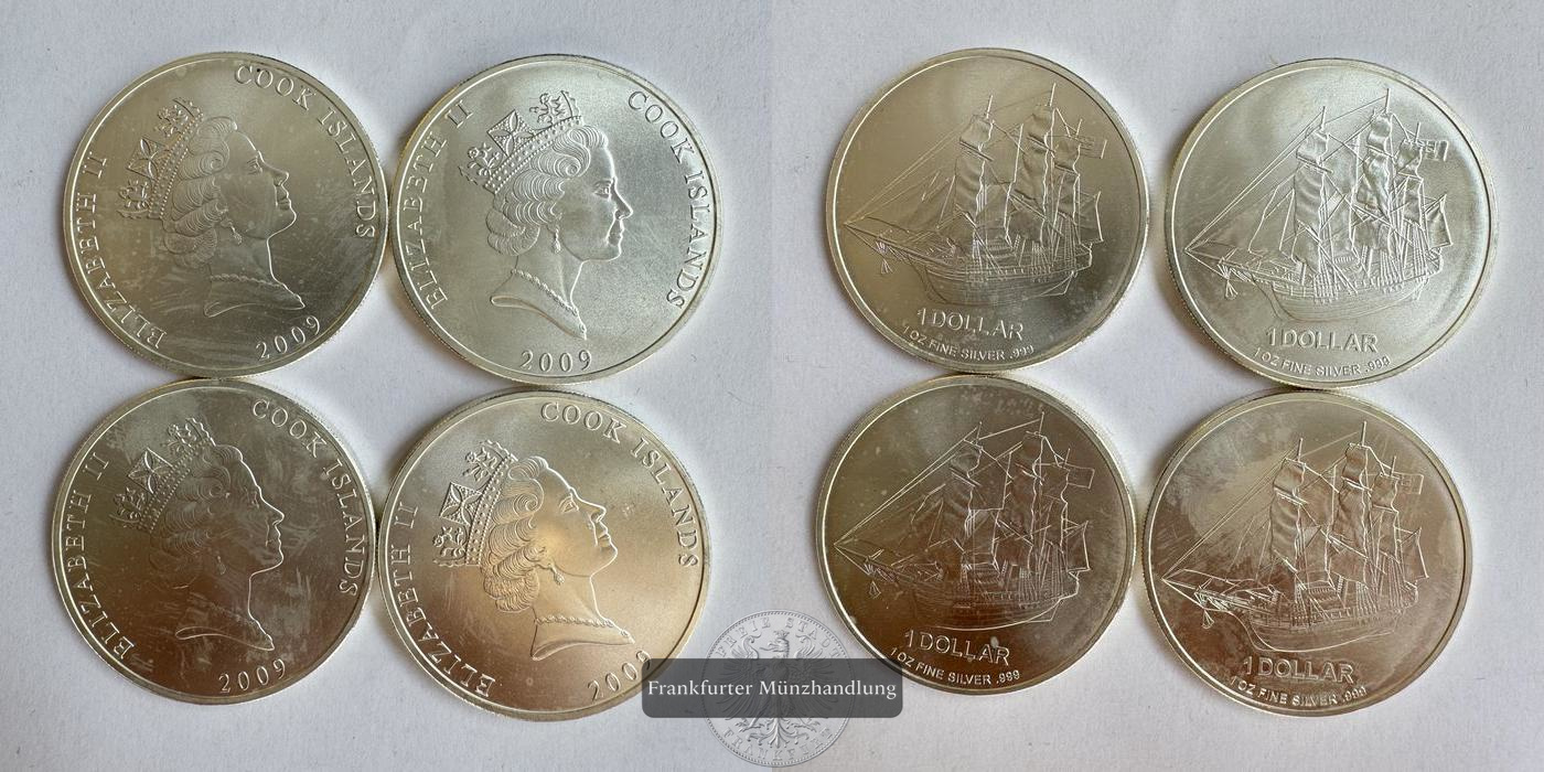  LOT: Cookinseln 4x 1 Dollar Elizabeth II (Bounty) 2009 FM-Frankfurt KM#1473 Feinsilber: 124,4g   