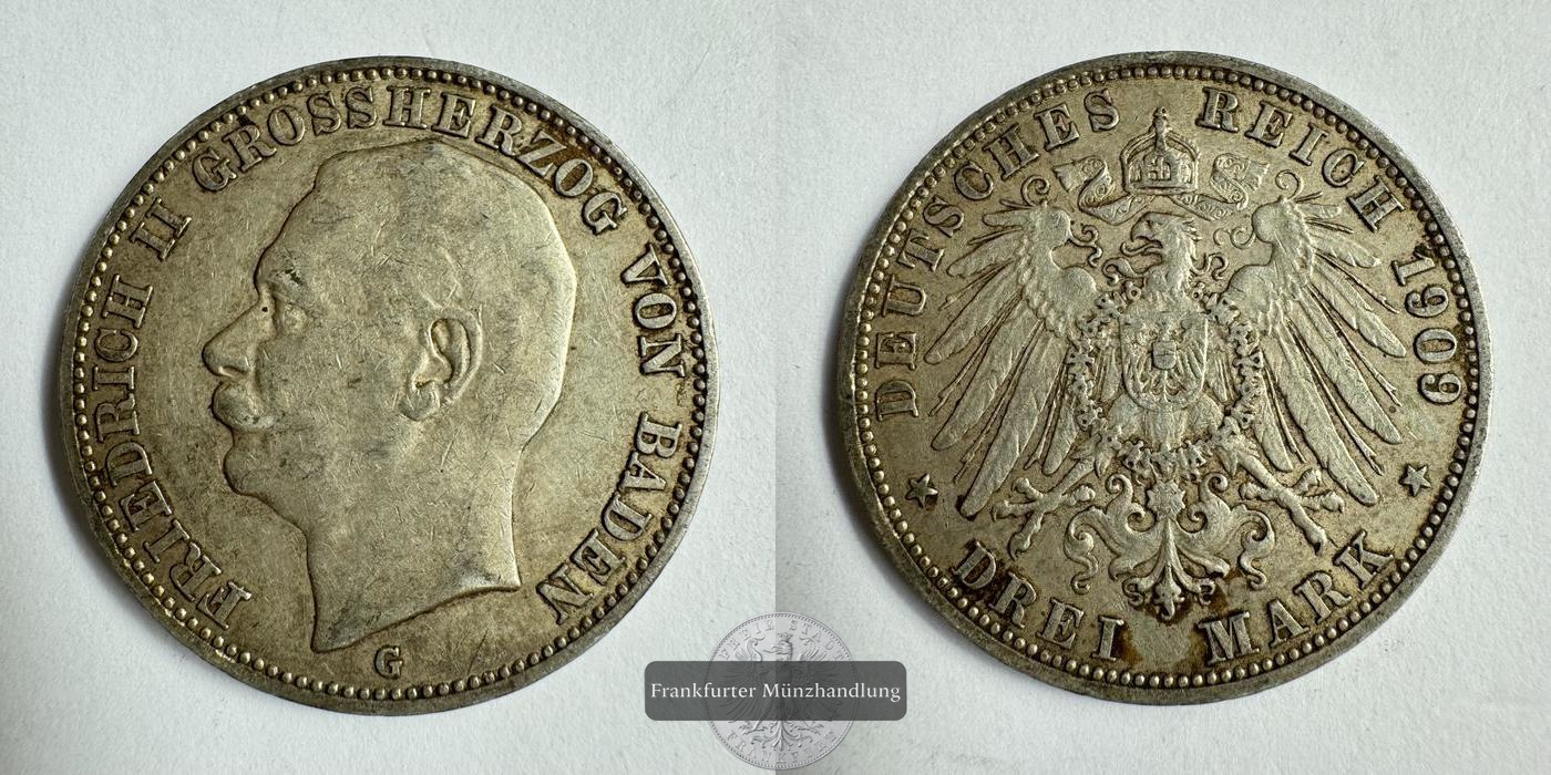  Dt. Kaiserreich Baden 3 Mark 1909 G Friedrich II. FM-Frankfurt KM#280 Feinsilber: 15g   