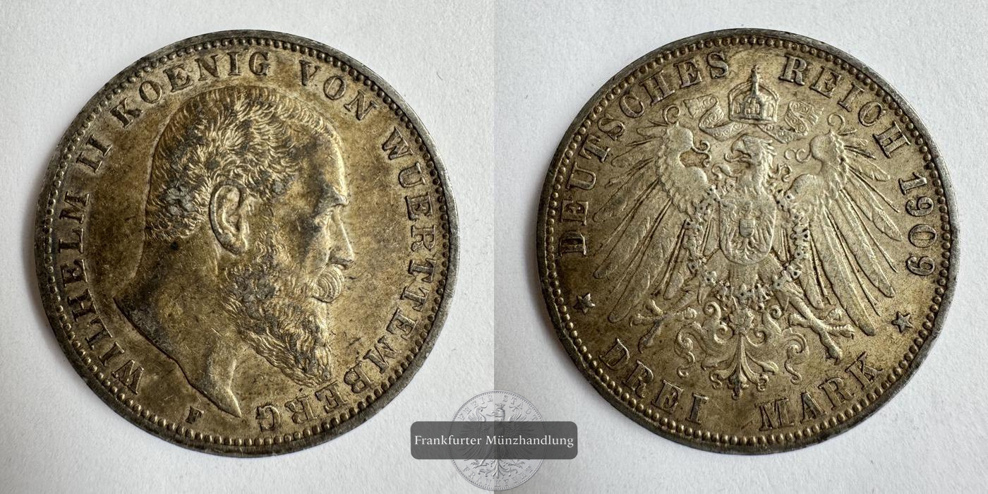  Dt. Kaiserreich Württemberg 3 Mark 1909 Wilhelm II F FM-Frankfurt KM#635 Feinsilber: 15g   