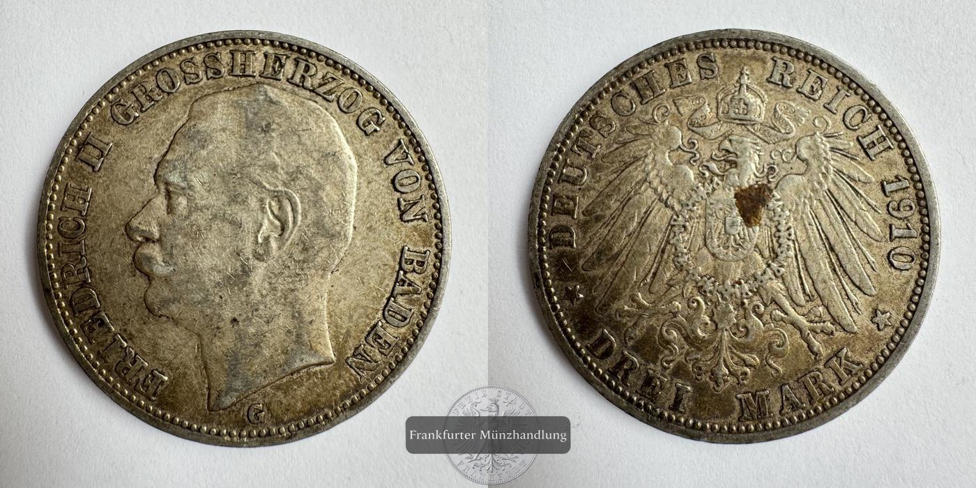  Dt. Kaiserreich Baden 3 Mark 1910 G Friedrich II. FM-Frankfurt KM#280 Feinsilber: 15g   