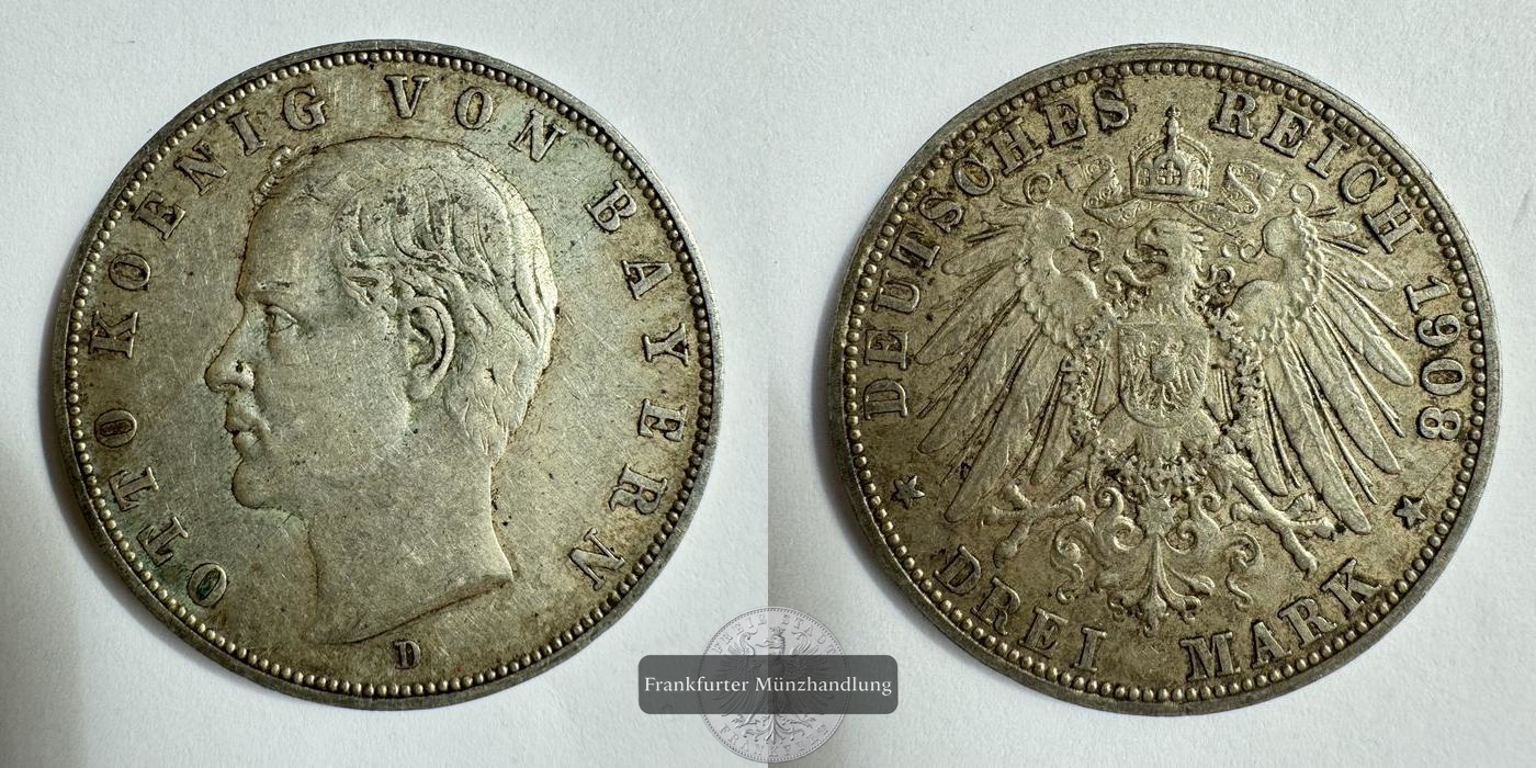  Dt. Kaiserreich Bayern 3 Mark 1908 Otto 'D' FM-Frankfurt KM#996 Feinsilber: 15g   