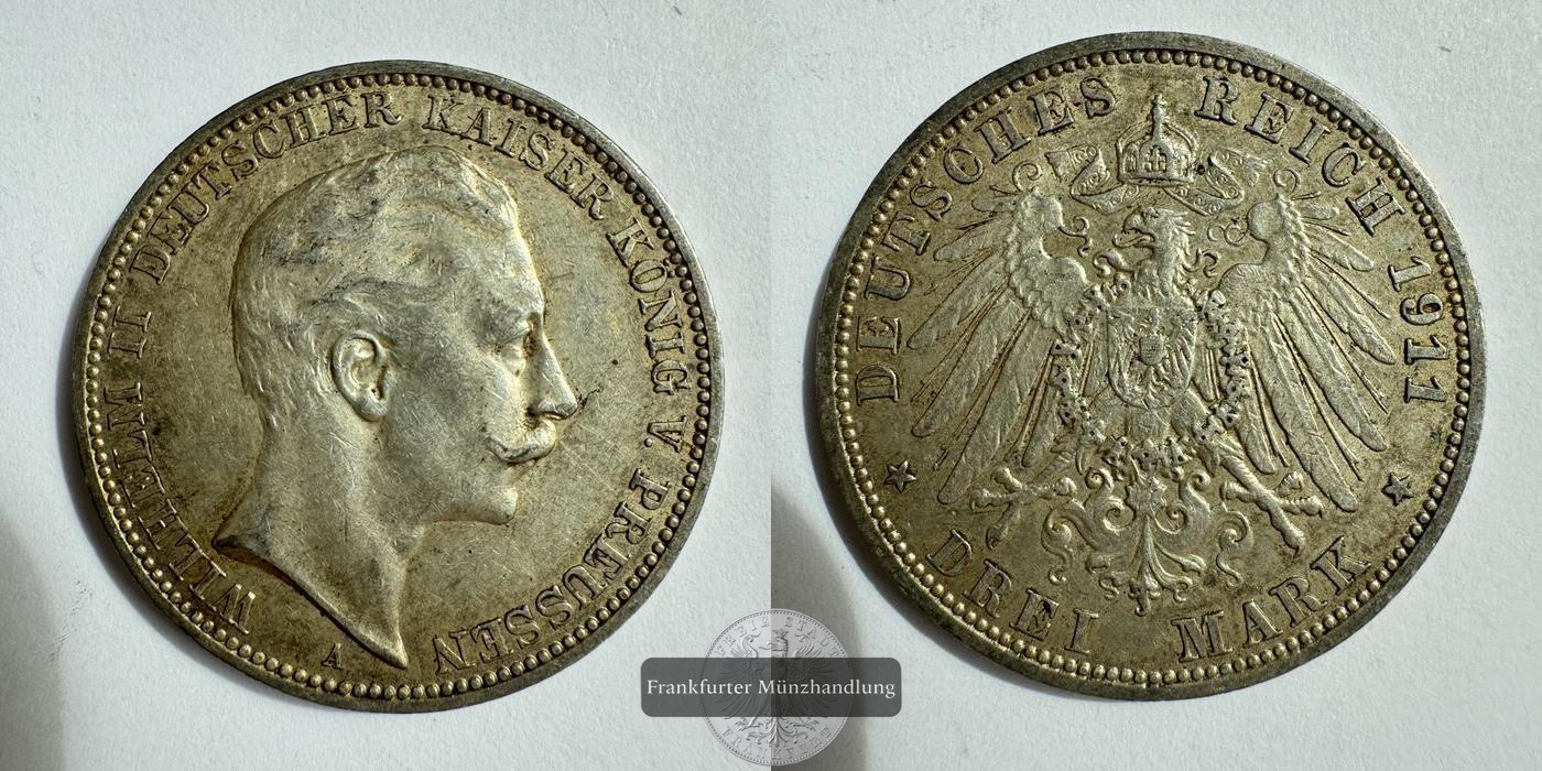  Dt. Kaiserreich, Preussen 3 Mark 1911 'A' Wilhelm II FM-Frankfurt KM#527 Feinsilber: 15g   