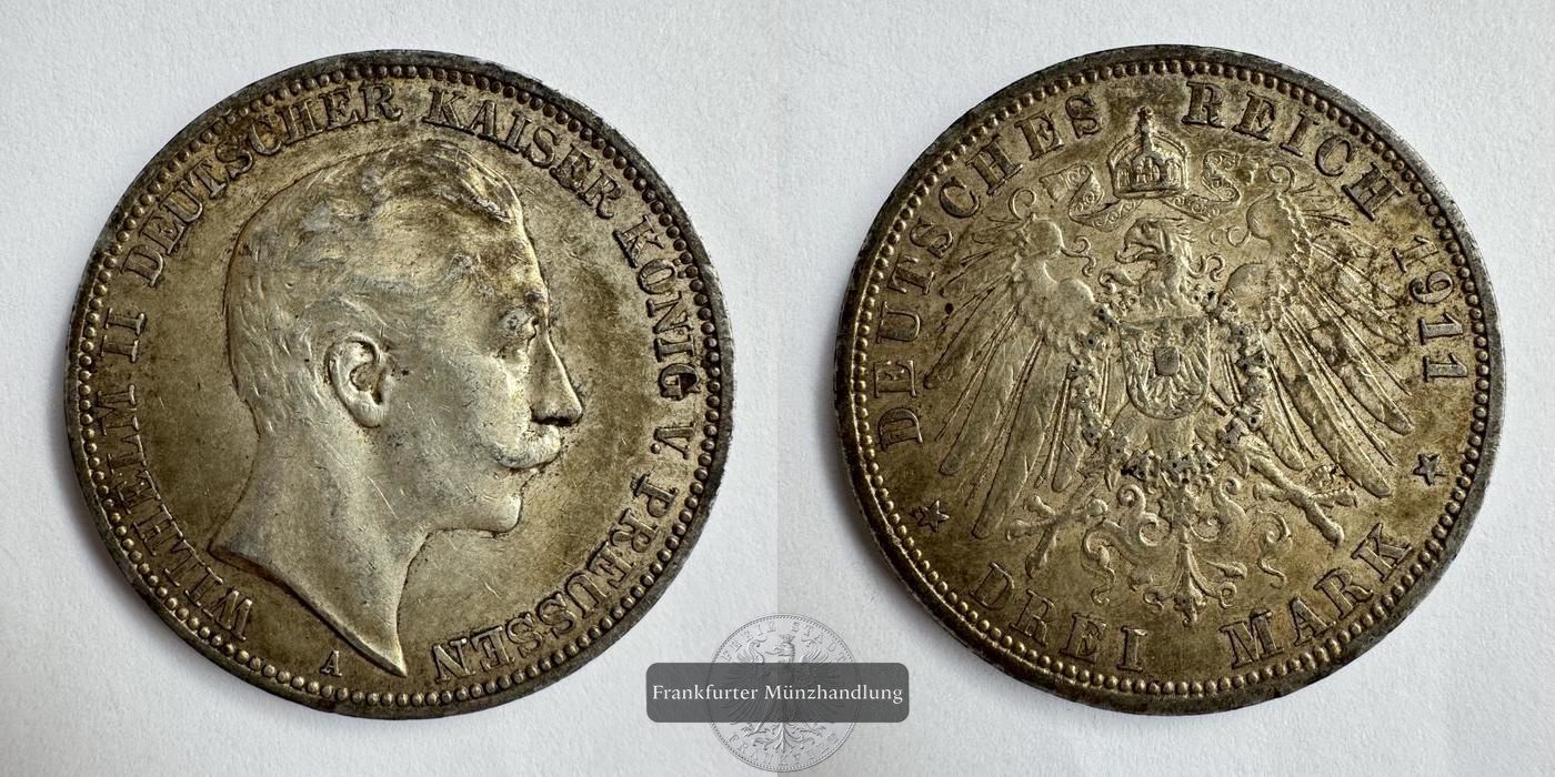  Dt. Kaiserreich, Preussen 3 Mark 1911 'A' Wilhelm II FM-Frankfurt KM#527 Feinsilber: 15g   