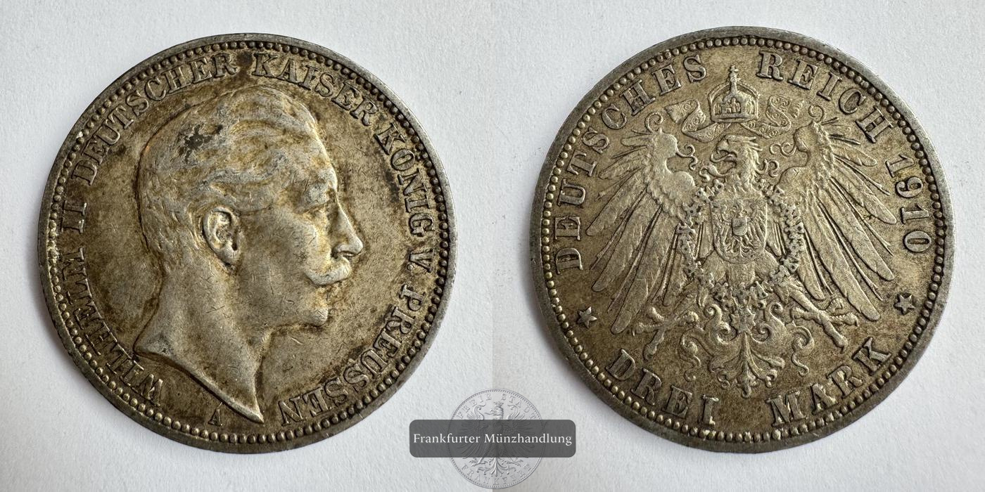  Dt. Kaiserreich, Preussen 3 Mark 1910 'A' Wilhelm II FM-Frankfurt KM#527 Feinsilber: 15g   