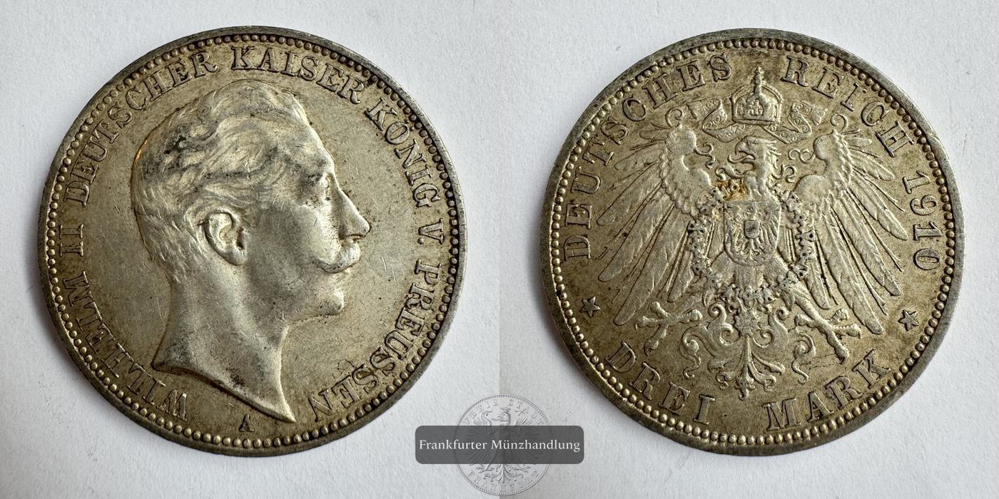  Dt. Kaiserreich, Preussen 3 Mark 1910 'A' Wilhelm II FM-Frankfurt KM#527 Feinsilber: 15g   