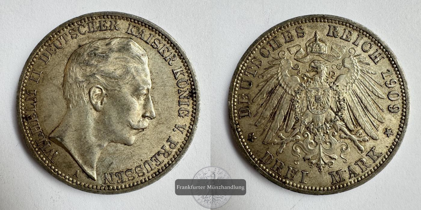  Dt. Kaiserreich, Preussen 3 Mark 1909 'A' Wilhelm II FM-Frankfurt KM#527 Feinsilber: 15g   