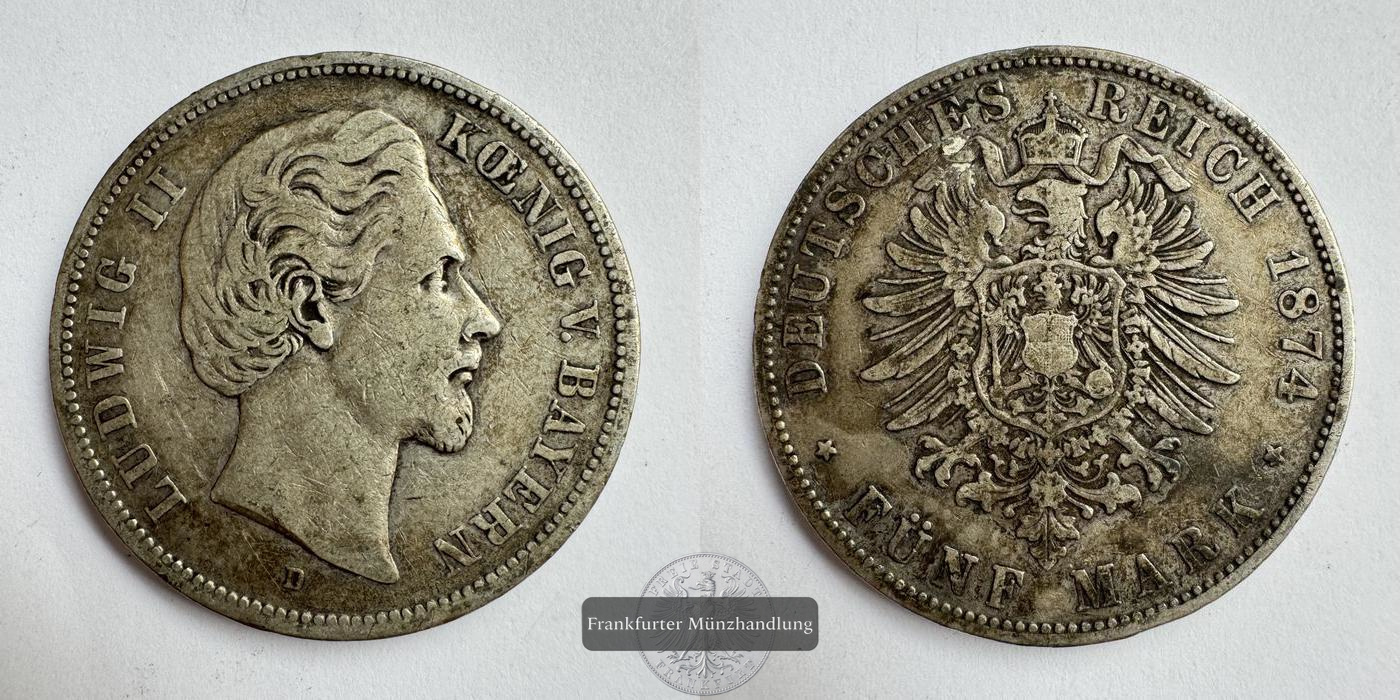  Dt. Reich, Bayern. 5 Mark Louis II 1874 D FM-Frankfurt KM#896 Feinsilber: 25g   