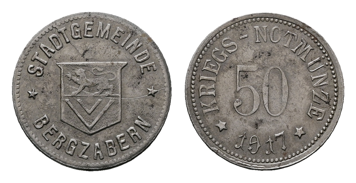  Bayern; Bergzabern; Krieges-Notmünze 1917; WZ: 50;  Menzel 1804.6; sehr selten   