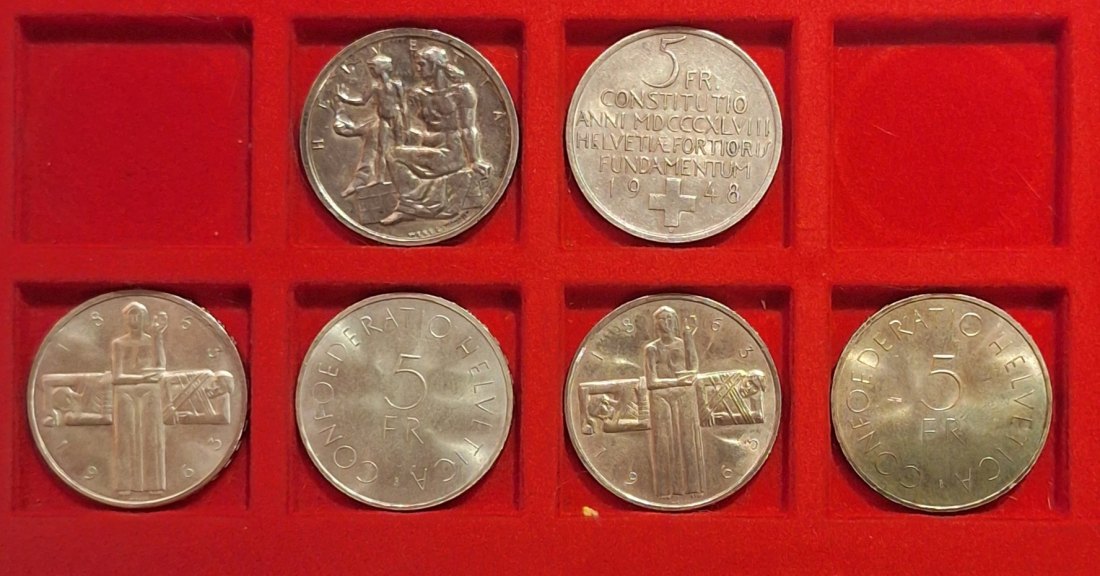  Schweiz 6x5 Franken Silberlot 1948 und 1960 Gewicht 75,15g fein   