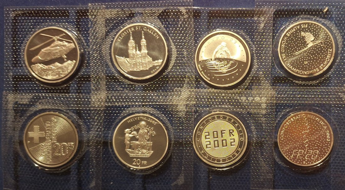  Schweiz 4x20 CHF 2002-2003 Sonder- und Gedenkmünzen einzeln in Noppen gschweisst  Silber 66,8 g fein   