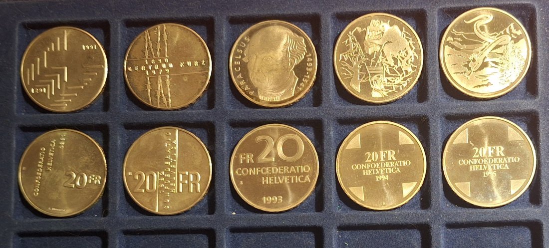  Schweiz 5x20 CHF 1991-1995 Sonder- und Gedenkmünzen lose Silber 83,5 g fein   