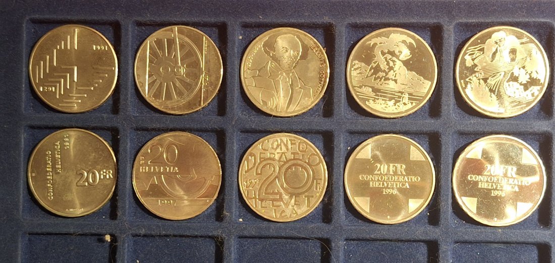  Schweiz 5x20 CHF 1991 und 1996/97 Sonder- und Gedenkmünzen lose Silber 83,5g   