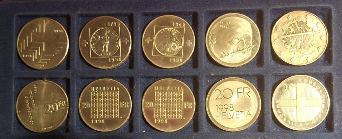  Schweiz 5x20 CHF 1991 und 1998/99 Sonder- und Gedenkmünzen lose Silber 83,5g fein   