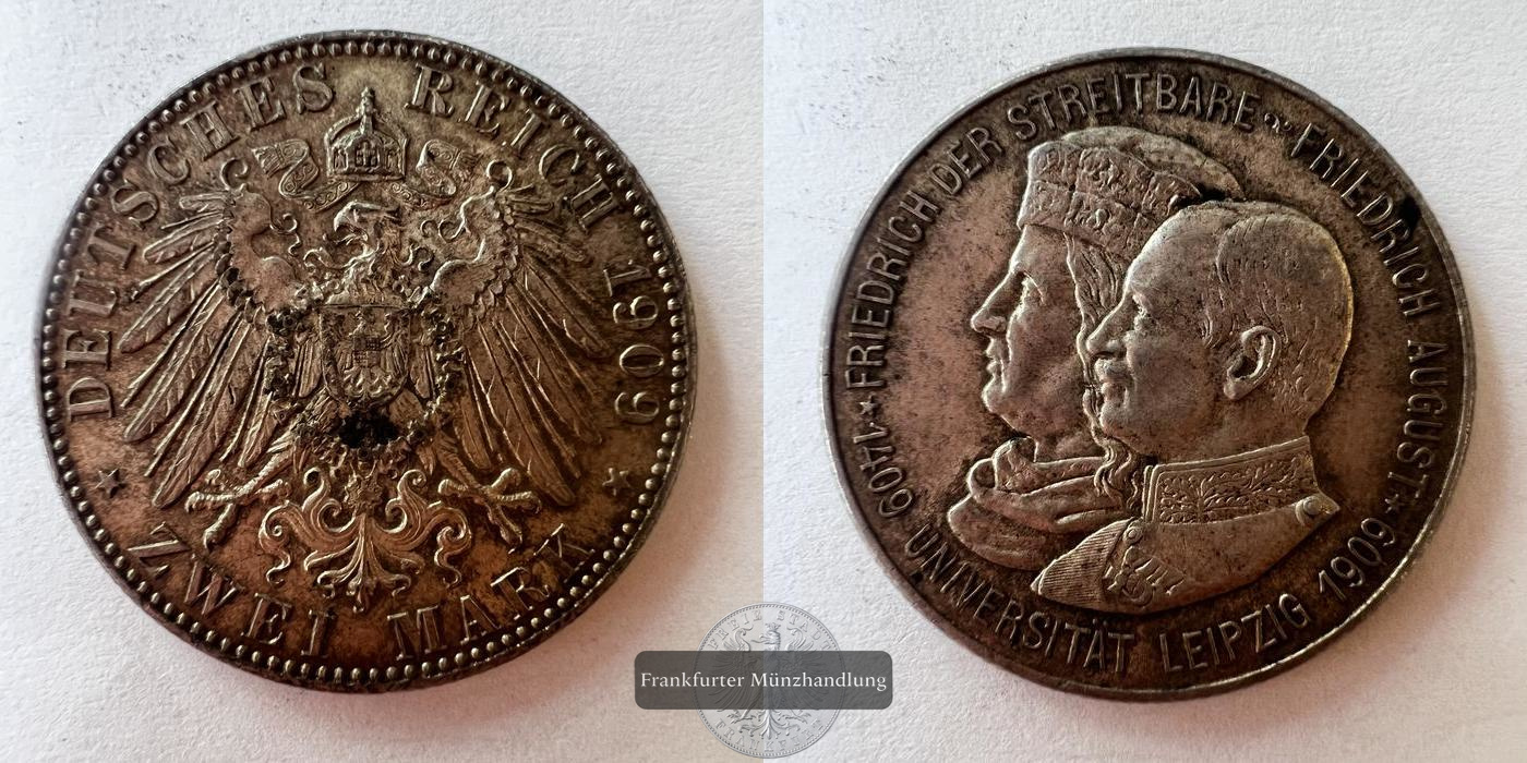  Deutschland 2 Marks 1909 - Frederick August III FM-FRANKFURT KM#1268 Feinsilber: 10g   