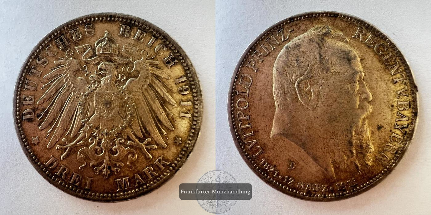  Deutschland 3 Mark 1911 Otto (Prince Regent Luitpold) FM-Frankfurt KM#998 Feinsilber: 15g   
