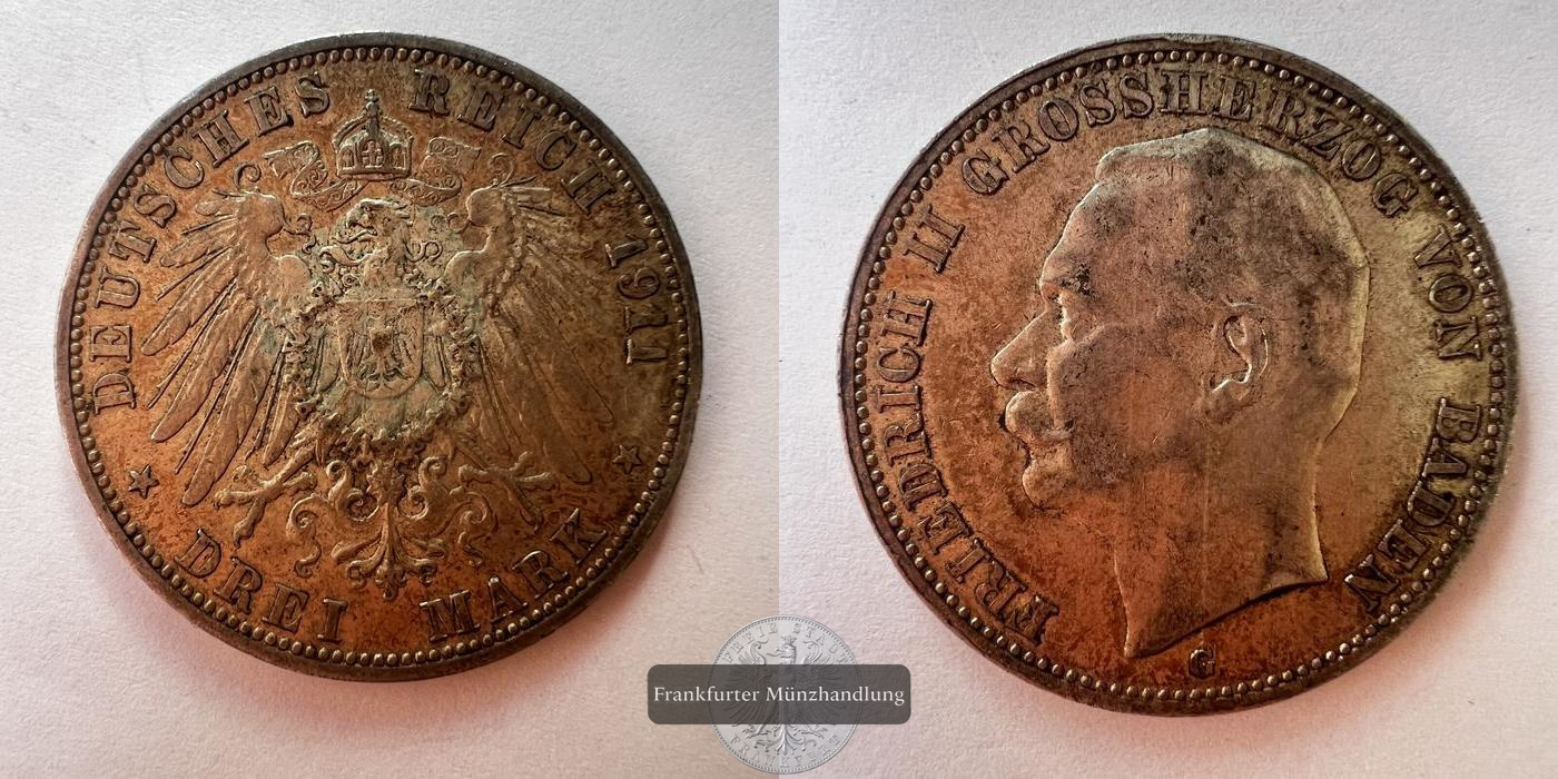  Dt. Kaiserreich Baden 3 Mark 1911 Friedrich II. FM-Frankfurt KM#280 Feinsilber: 15g   