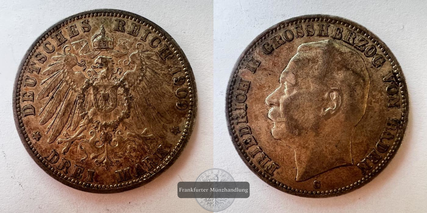  Dt. Kaiserreich Baden 3 Mark 1909 Friedrich II. FM-Frankfurt KM#280 Feinsilber: 15g   