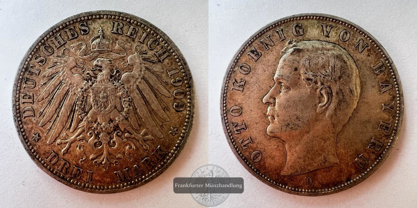  Dt. Kaiserreich Bayern 3 Mark 1909 Otto 'D' FM-Frankfurt KM#996 Feinsilber: 15g   