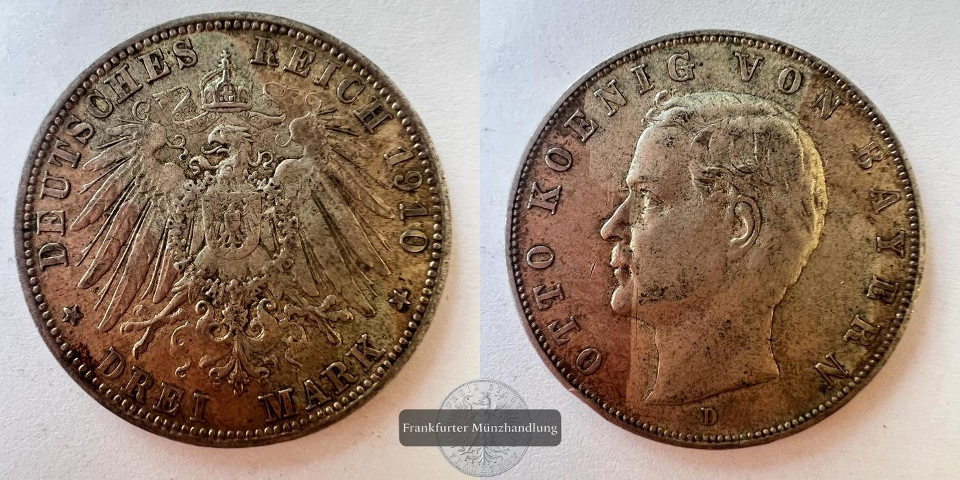  Dt. Kaiserreich Bayern 3 Mark 1910 Otto 'D' FM-Frankfurt KM#996 Feinsilber: 15g   