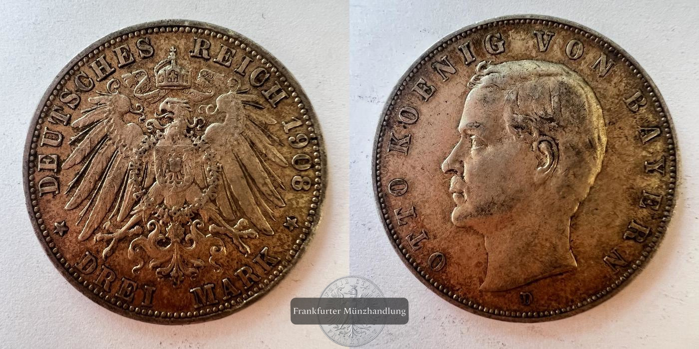  Dt. Kaiserreich Bayern 3 Mark 1908 Otto 'D' FM-Frankfurt KM#996 Feinsilber: 15g   