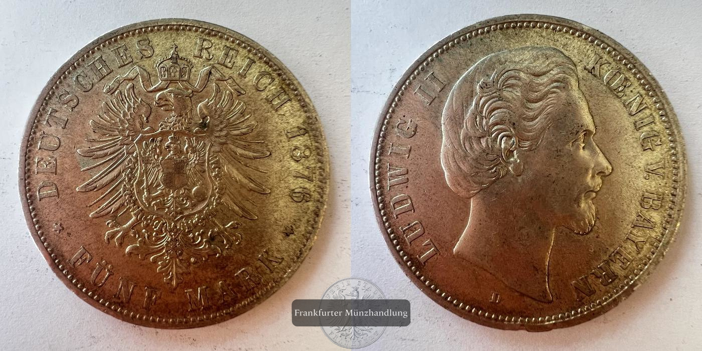  Dt. Reich, Bayern. 5 Mark Louis II 1876 D FM-Frankfurt KM#896 Feinsilber: 25g   