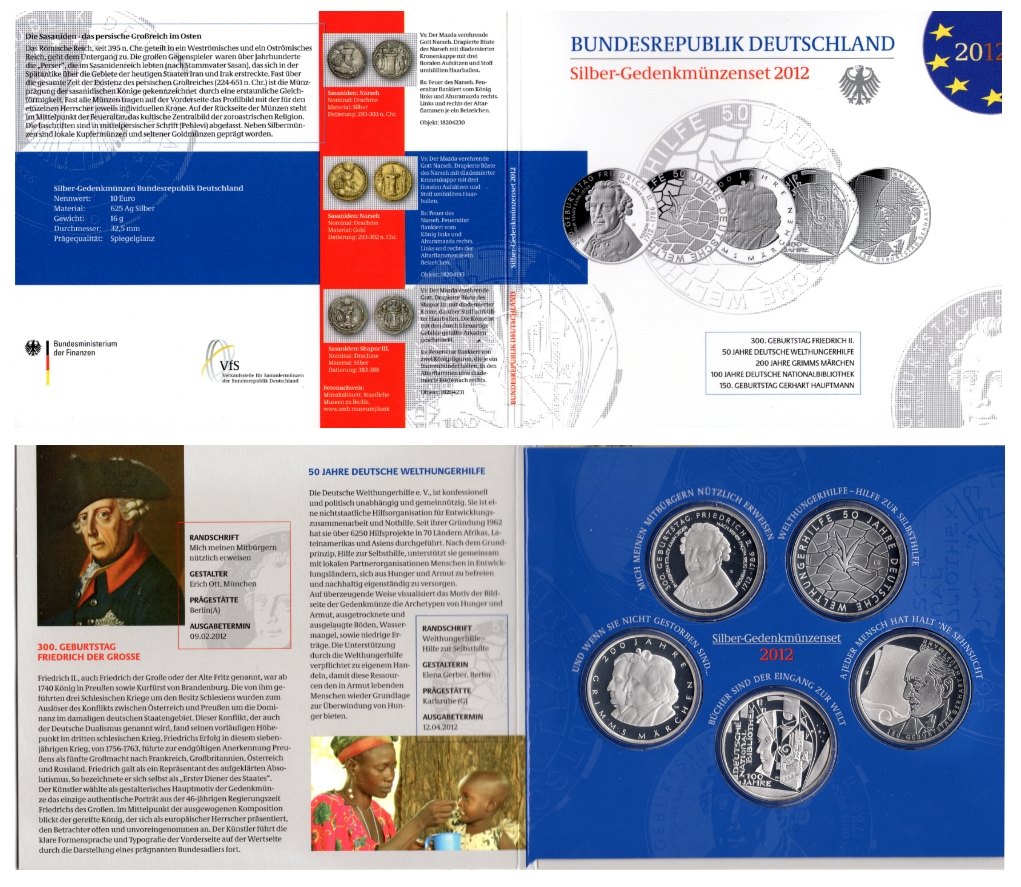  Deutschland Silbergedenkmünzen 2012 mit 5 Silbermünzen, 625 AG, OVP, UNC, Spiegelglanz   