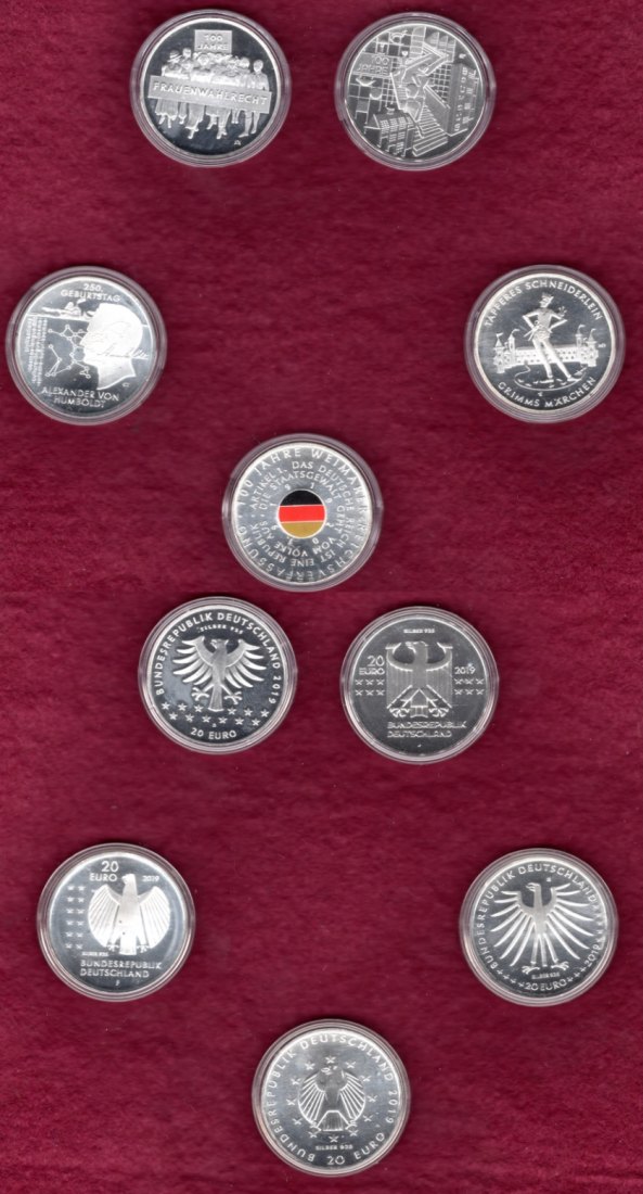  Deutschland Silbergedenkmünzen 2012 mit 5 Silbermünzen, 625 AG, OVP, UNC, Spiegelglanz   