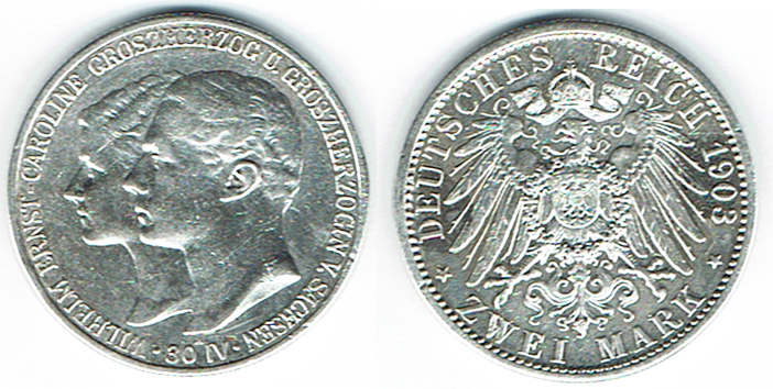  SZAIVERT DEUTSCHES KAISERREICH SACHSEN WEIMAR EISENACH WILHELM ERNST 2 MARK 1903 HOCHZEIT   
