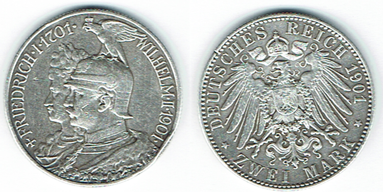  SZAIVERT DEUTSCHES KAISERREICH KÖNIGREICH PREUSSEN 2 MARK 1901 JUBILÄUM   