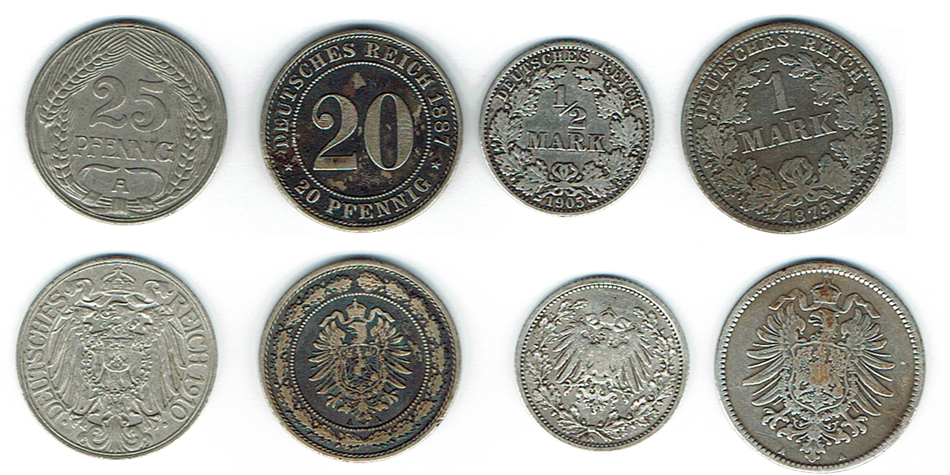  SZAIVERT DEUTSCHES KAISERREICH LOT 4 STÜCK 1 MARK 1/2 MARK 25 UND 20 PFENNIG   