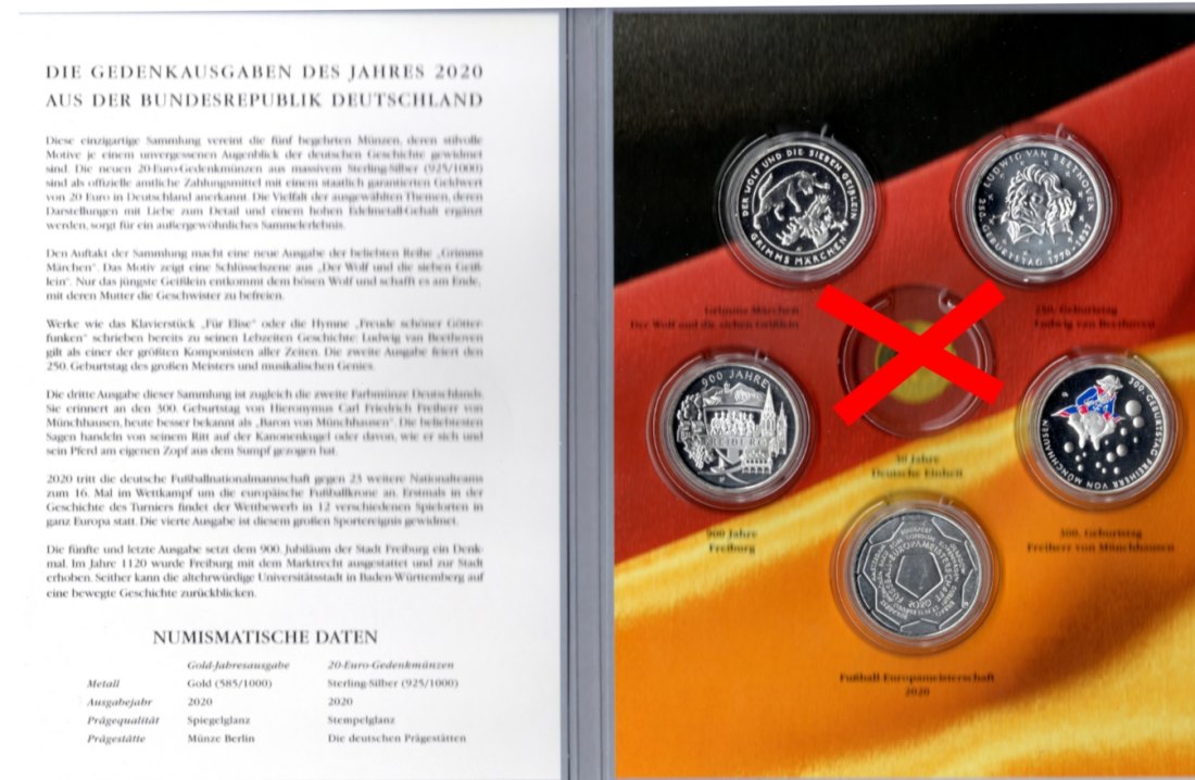  Deutschland Silbergedenkmünzen 2020 mit 5 Silbermünzen, 925 AG, OVP, UNC, Spiegelglanz   