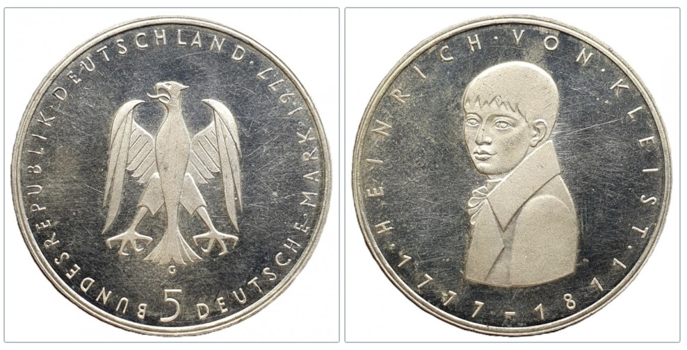  Deutschland 5 Mark, 1977 G 200. Geburtstag von Heinrich von Kleist Silber 7g fein   