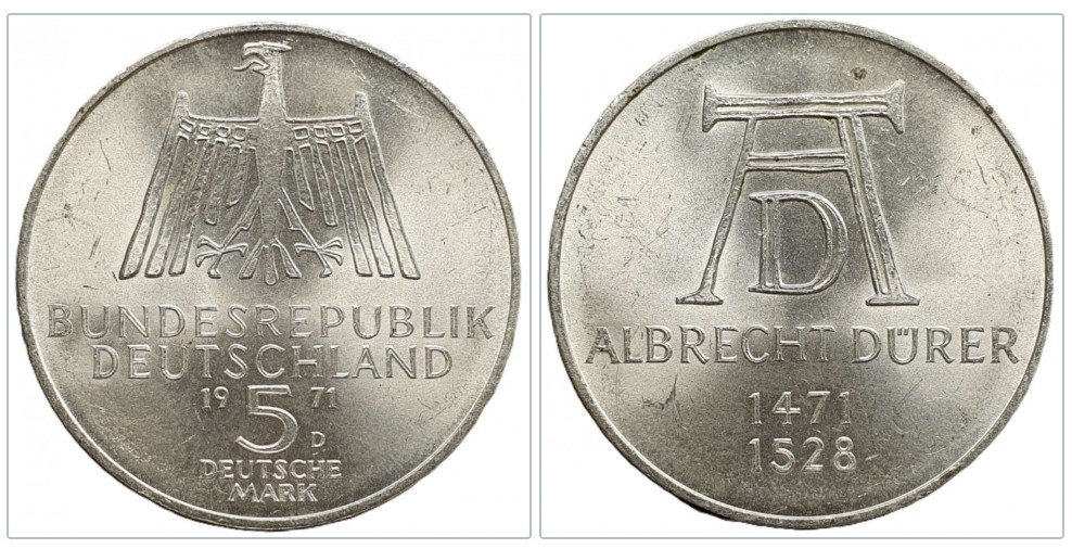  Deutschland 5 Mark, 1971 D 500. Geburtstag von Albrecht Dürer Silber 7g fein   