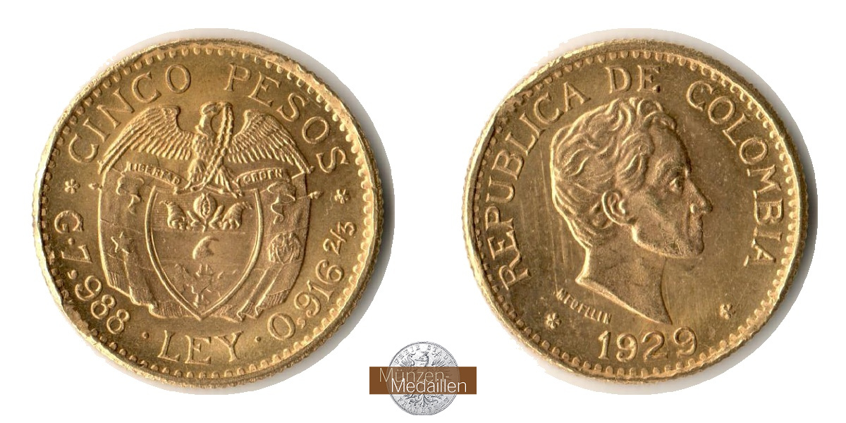Kolumbien Feingold: 7,32g 5 Pesos 1929 