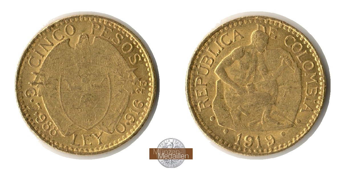 Kolumbien MM-Frankfurt  Feingold: 7,32g 5 Pesos 1919 