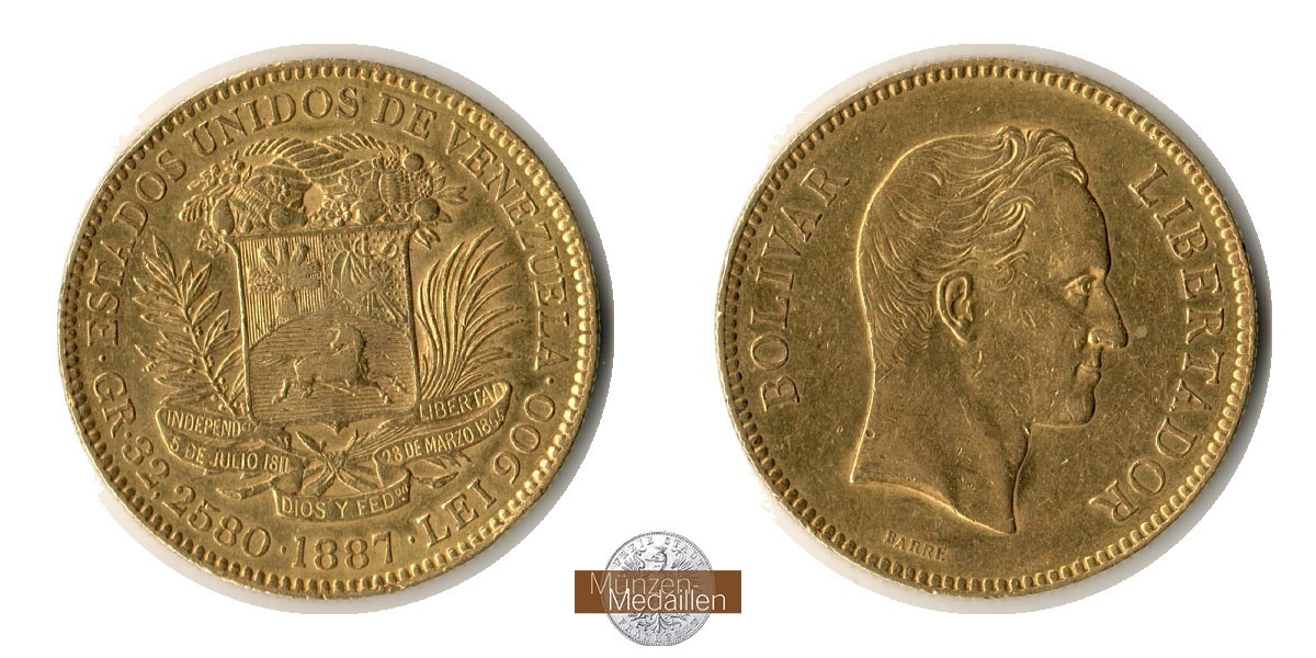 Venezuela, ver. Staaten 1879-1957. MM-Frankfurt  Feingewicht: 29,03g Gold 100 Bolivares 1887 