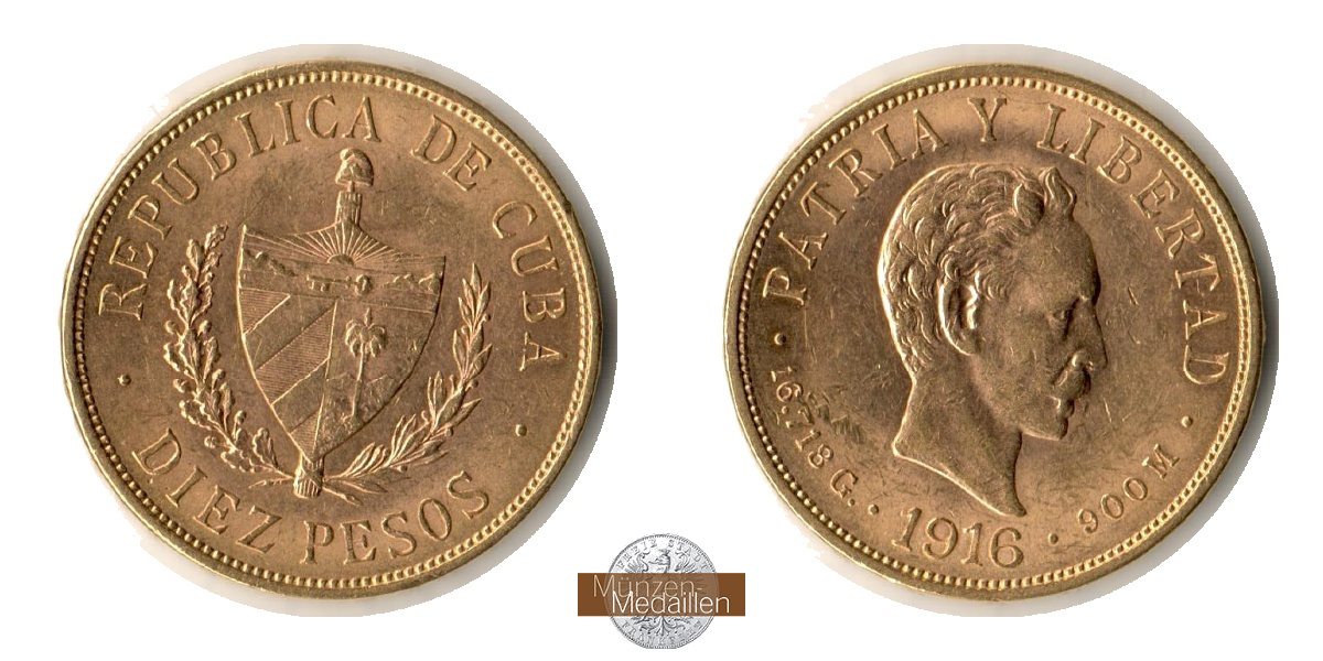 Kuba MM-Frankfurt  Feingold: 15,05g 10 Pesos 1916 