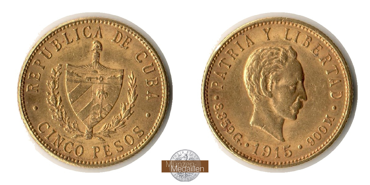 Kuba MM-Frankfurt  Feingold: 7,52g 5 Pesos 1915 