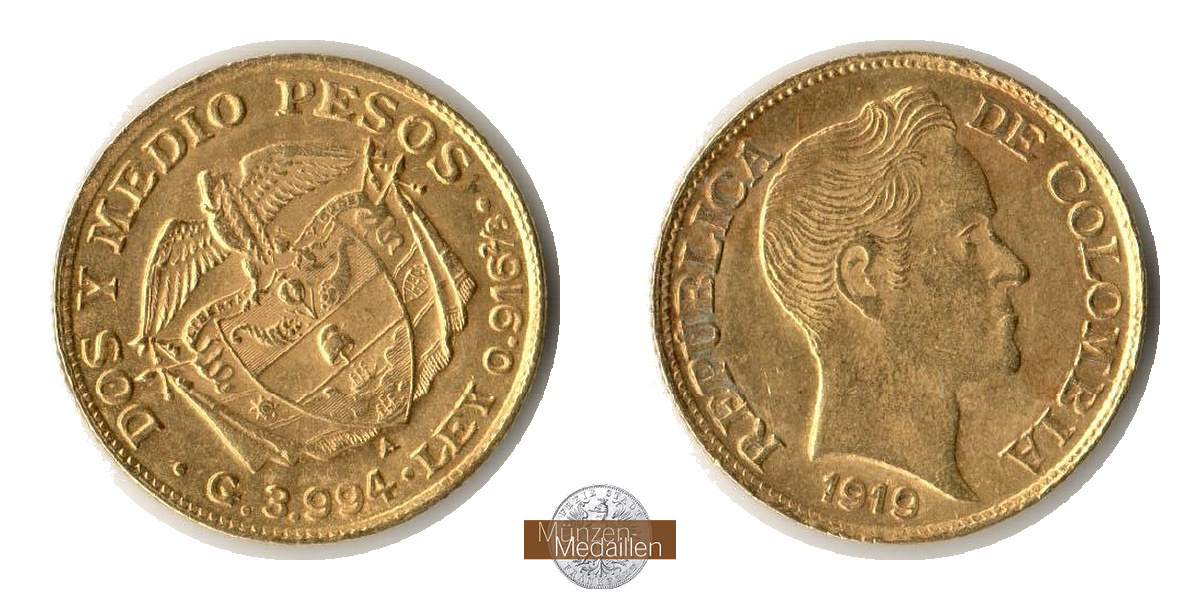 Kolumbien MM-Frankfurt  Feingold: 3,66g 2 1/2 Pesos 1919 