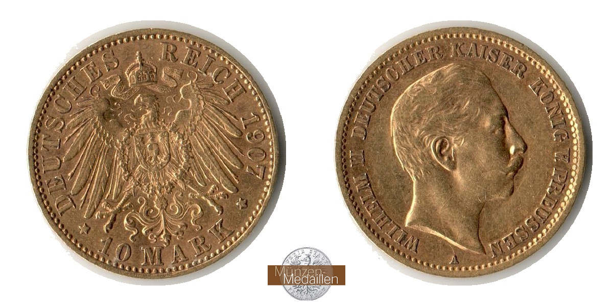 Deutsches Kaiserreich. Preussen, MM-Frankfurt Feingold: 3,58g Wilhelm II., 1888-1918. 10 Mark 1907 A 