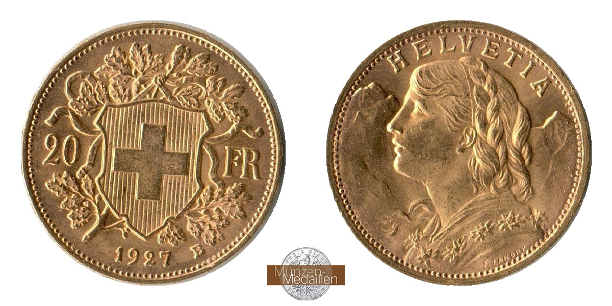  Schweiz 20 Francs Vreneli 1927 B (1897-1935) MM-Frankfurt KM#35.1 Feingold: 5,805g   