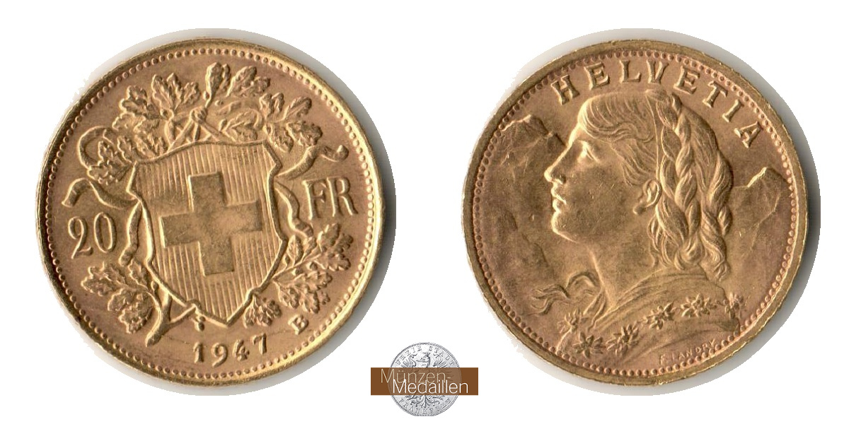 Schweiz  20 Francs MM-Frankfurt KM#35.2  Feingold: 5,81g Vreneli 1947 B 