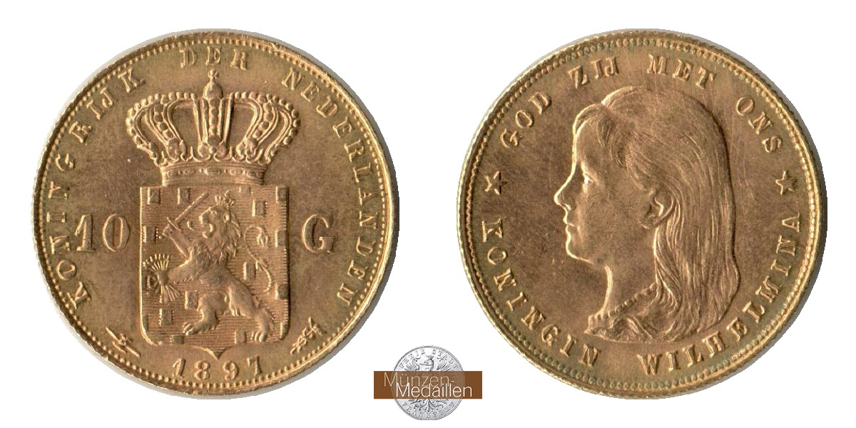 Niederlande, Wilhelmina I MM-Frankfurt KM#118 Feingold: 6,05g 10 Gulden (1892-1897) 1897 