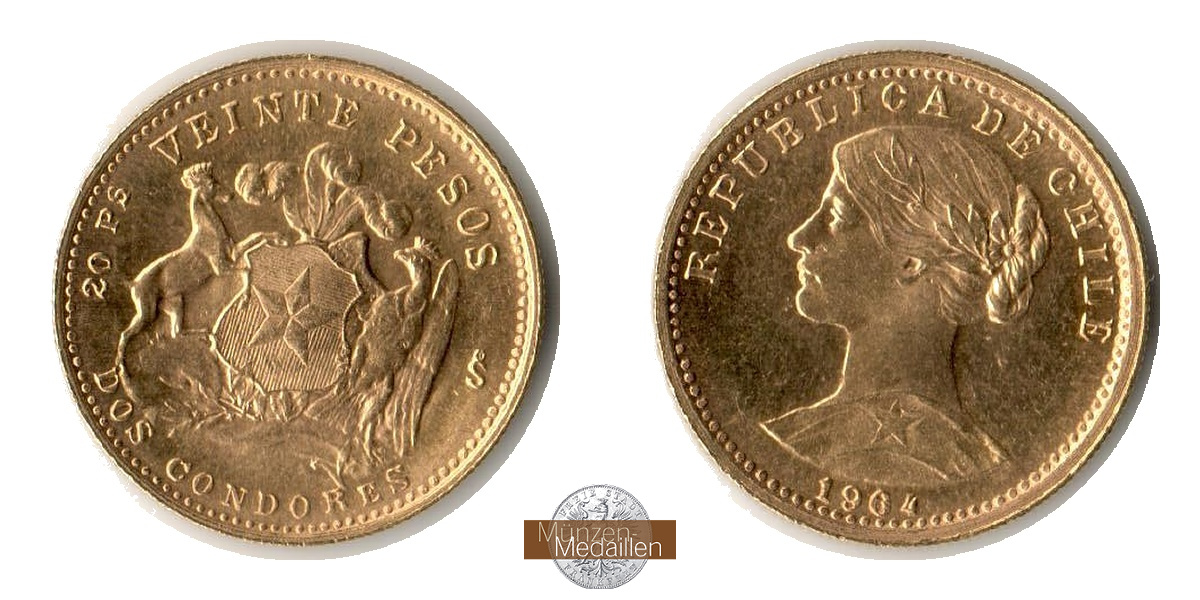 Chile MM-Frankfurt Feingold: 3,66g 20 Pesos 1964 