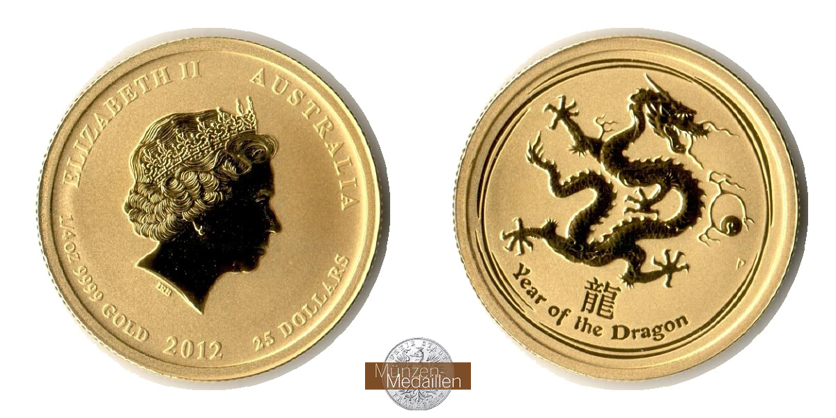 Australien, 25 Dollar MM-Frankfurt Feingold:  7,78g Jahr des Drachen 2012 